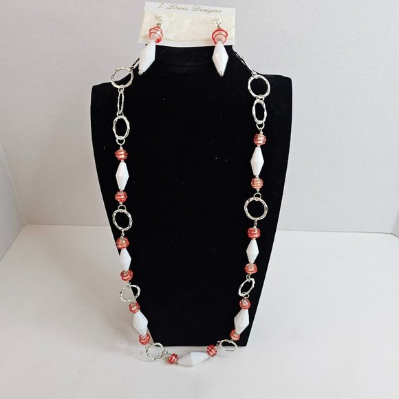 Harbor Long Silver Tone Red White Plastic Beads Necklace Dangle Earrings Set - Picture 7 of 7